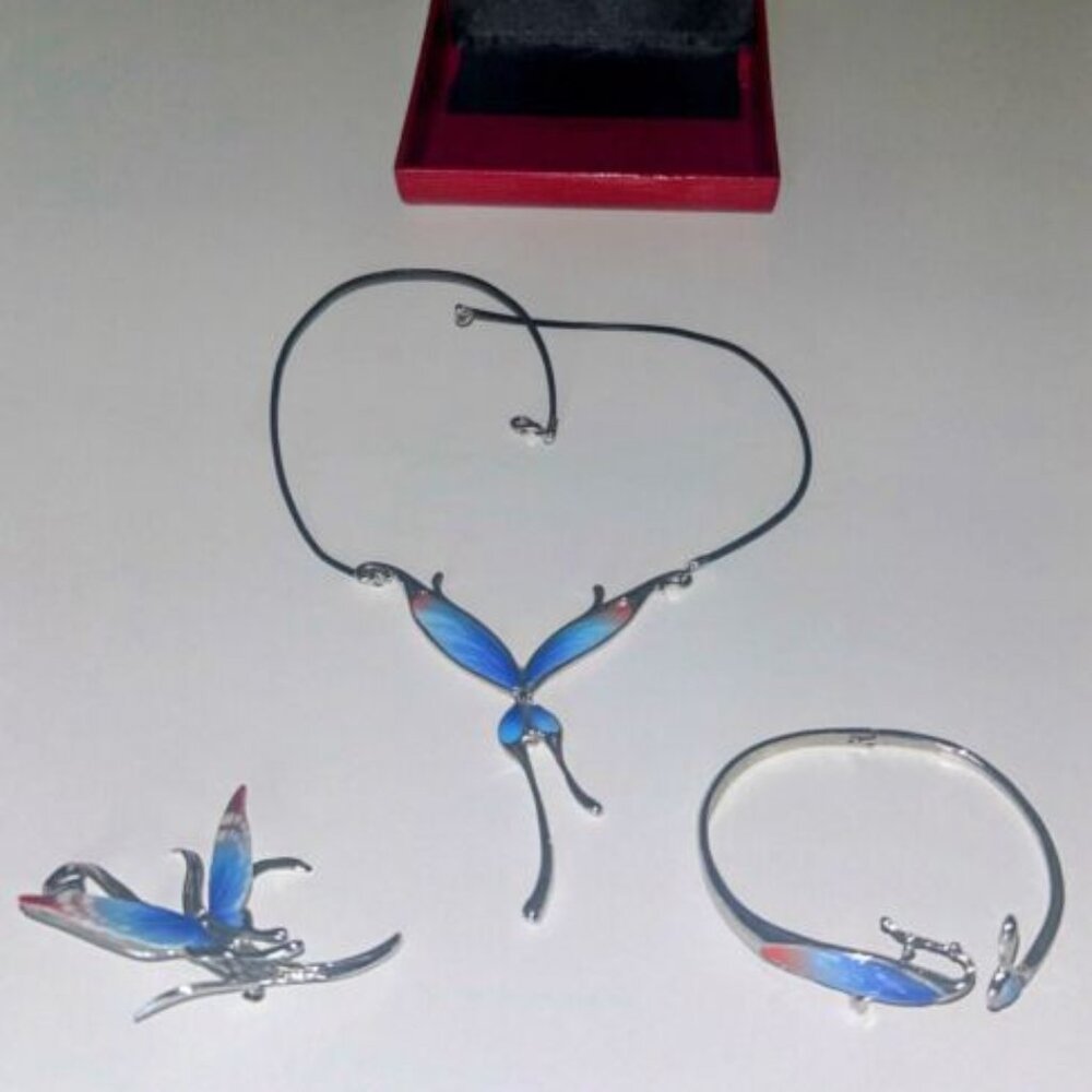 Franz Porcelain Butterfly Silver Necklace Bracelet Pin Vintage Jewelry & Box Set